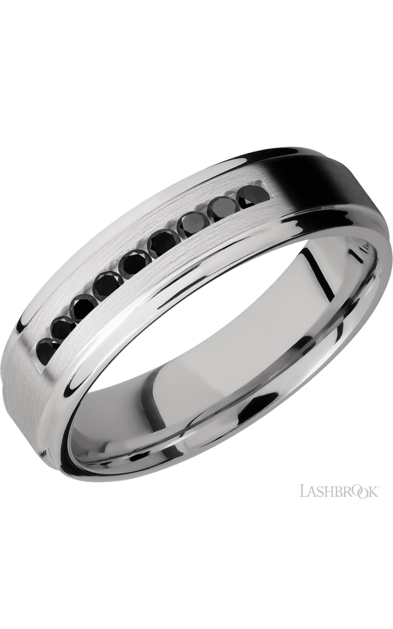 6 mm wide/Flat Grooved Edges/Cobalt Chrome band with an  arrangement of 9, .03 carat Round Black Diamond stones in a Channel setting. - NAGI