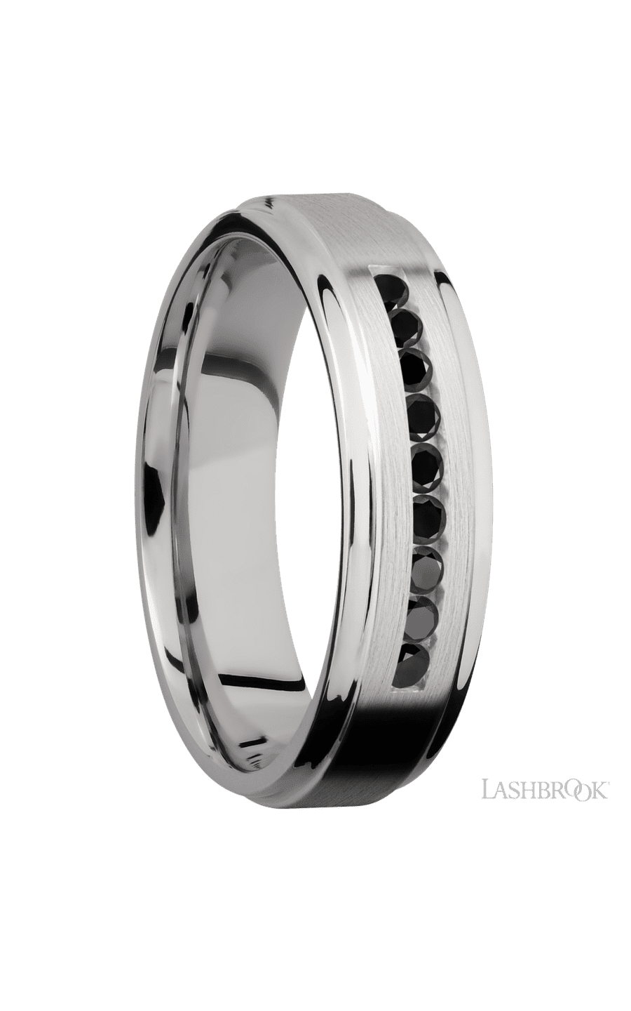 6 mm wide/Flat Grooved Edges/Cobalt Chrome band with an  arrangement of 9, .03 carat Round Black Diamond stones in a Channel setting. - NAGI