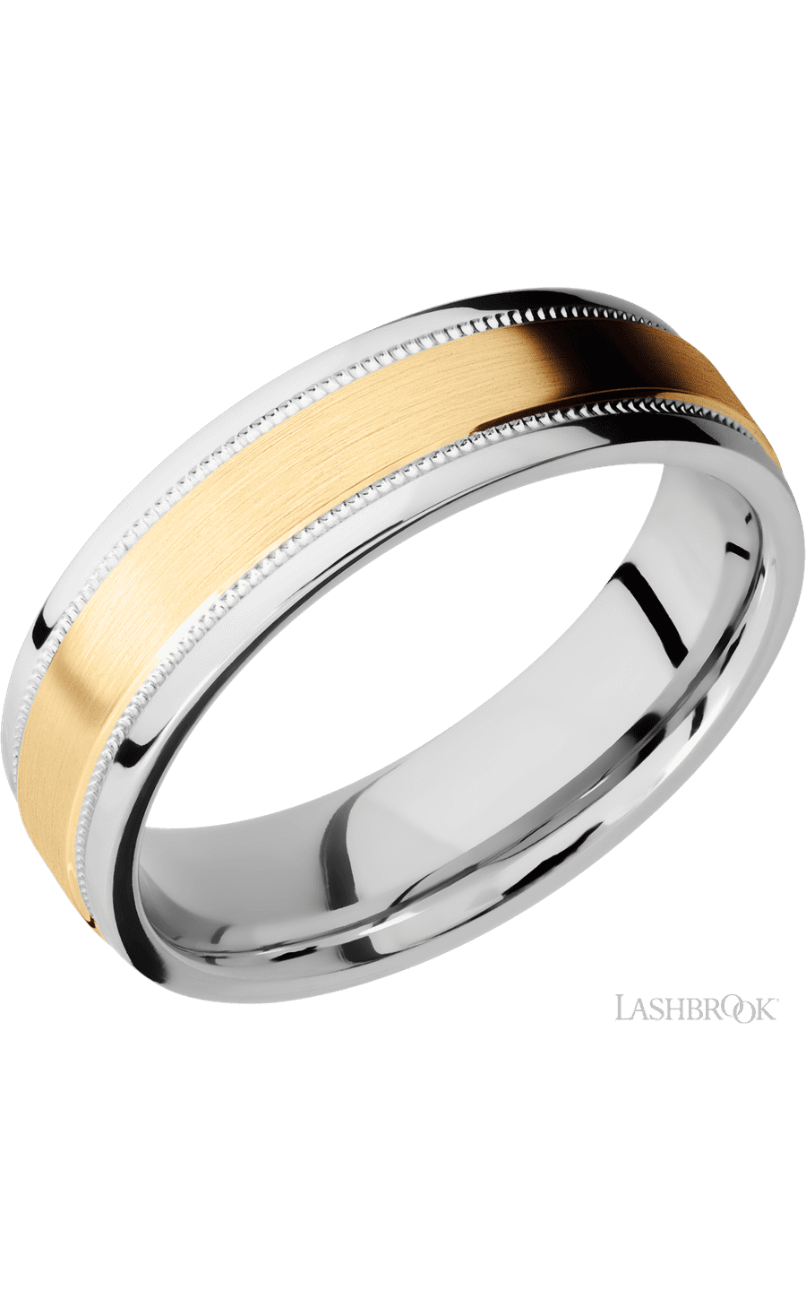 6 mm wide/Flat Stepped Edges Milgrain/Cobalt Chrome band with one 3 mm Raised Centered inlay of 14K Yellow Gold. - NAGI