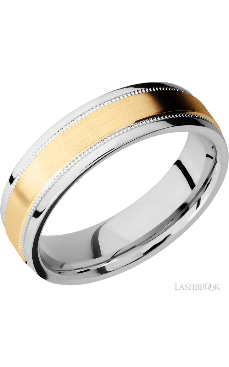 6 mm wide/Flat Stepped Edges Milgrain/Cobalt Chrome band with one 3 mm Raised Centered inlay of 14K Yellow Gold. - NAGI