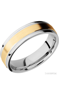 6 mm wide/Flat Stepped Edges Milgrain/Cobalt Chrome band with one 3 mm Raised Centered inlay of 14K Yellow Gold.