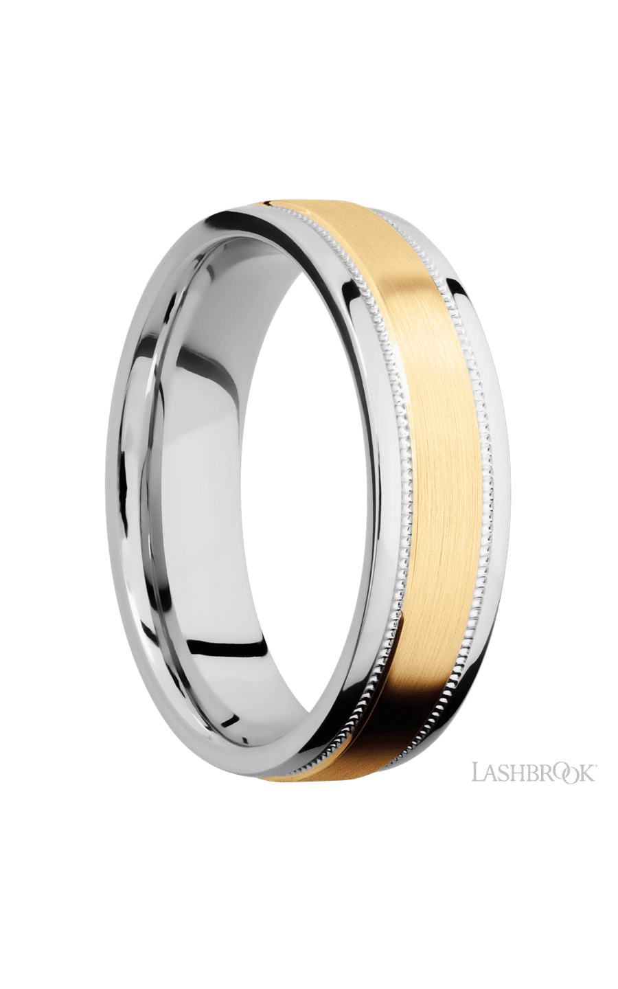 6 mm wide/Flat Stepped Edges Milgrain/Cobalt Chrome band with one 3 mm Raised Centered inlay of 14K Yellow Gold. - NAGI