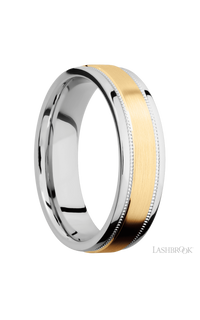 6 mm wide/Flat Stepped Edges Milgrain/Cobalt Chrome band with one 3 mm Raised Centered inlay of 14K Yellow Gold.