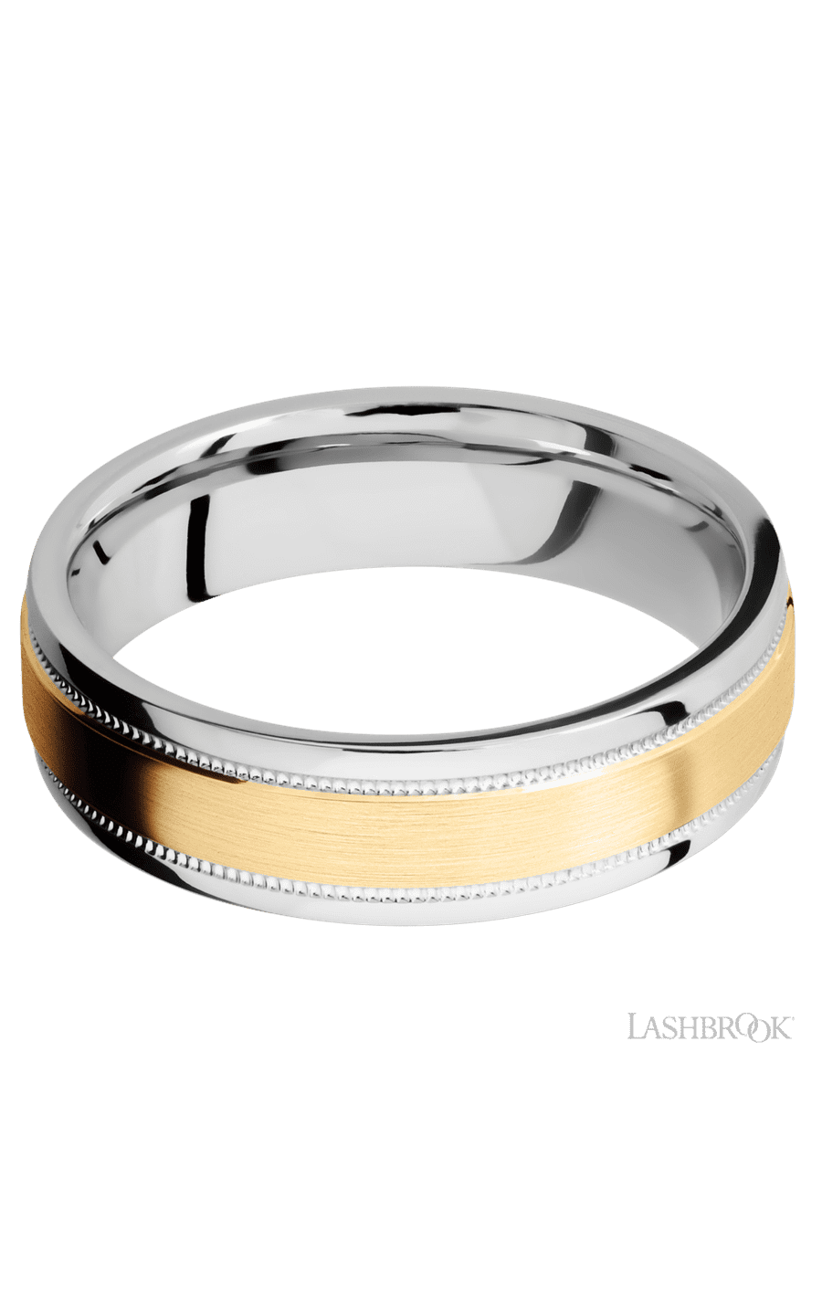 6 mm wide/Flat Stepped Edges Milgrain/Cobalt Chrome band with one 3 mm Raised Centered inlay of 14K Yellow Gold. - NAGI