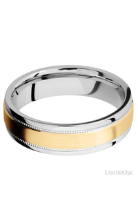 6 mm wide/Flat Stepped Edges Milgrain/Cobalt Chrome band with one 3 mm Raised Centered inlay of 14K Yellow Gold.
