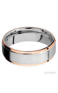 7 mm wide/Flat Grooved Edges/Cobalt Chrome band with two 1 mm Edge inlays of 14K Rose Gold.