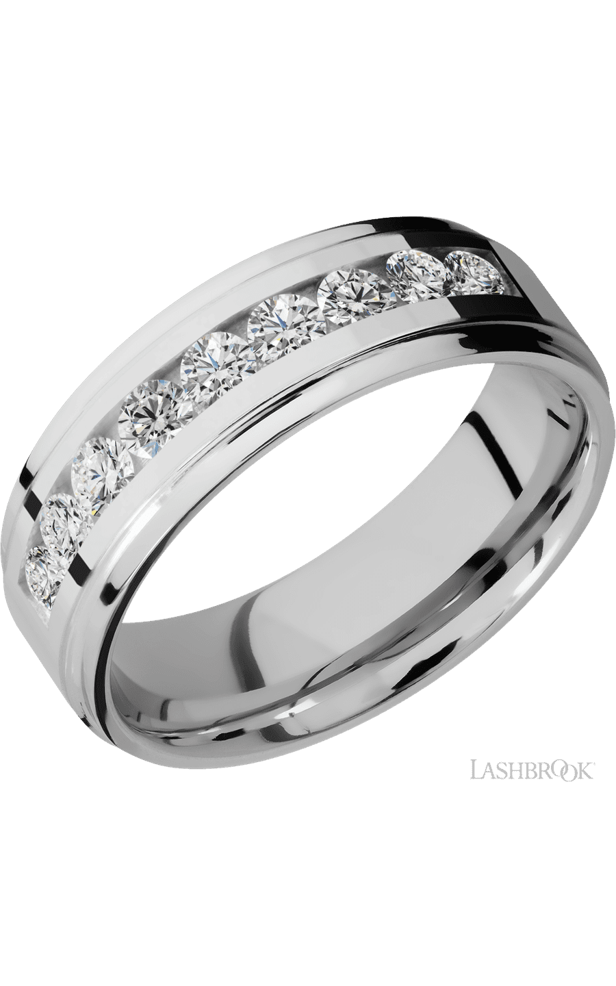 7 mm wide/Flat Grooved Edges/Cobalt Chrome band with an  arrangement of 9, .1 carat Round Diamond stones in a Channel setting. - NAGI