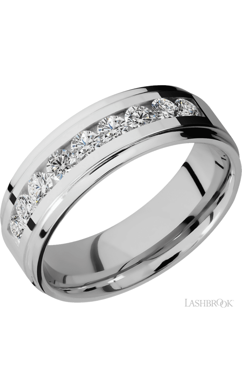 7 mm wide/Flat Grooved Edges/Cobalt Chrome band with an  arrangement of 9, .1 carat Round Diamond stones in a Channel setting. - NAGI