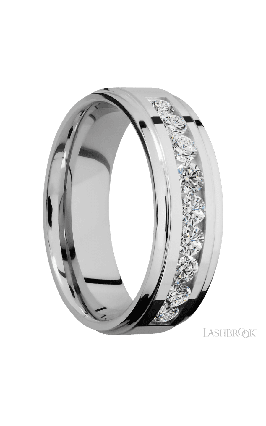 7 mm wide/Flat Grooved Edges/Cobalt Chrome band with an  arrangement of 9, .1 carat Round Diamond stones in a Channel setting. - NAGI