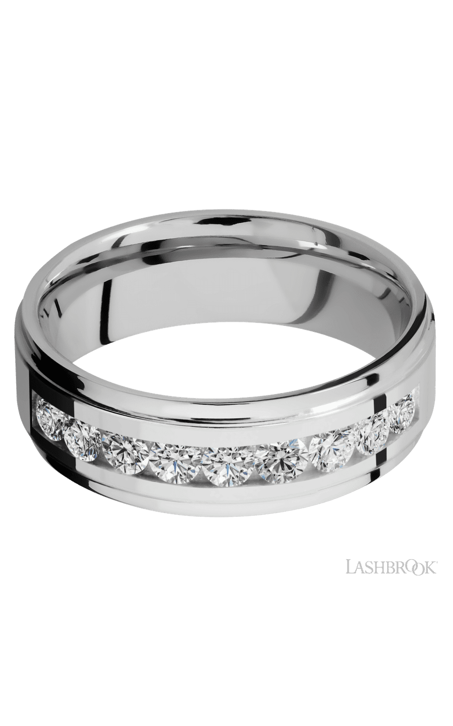 7 mm wide/Flat Grooved Edges/Cobalt Chrome band with an  arrangement of 9, .1 carat Round Diamond stones in a Channel setting. - NAGI