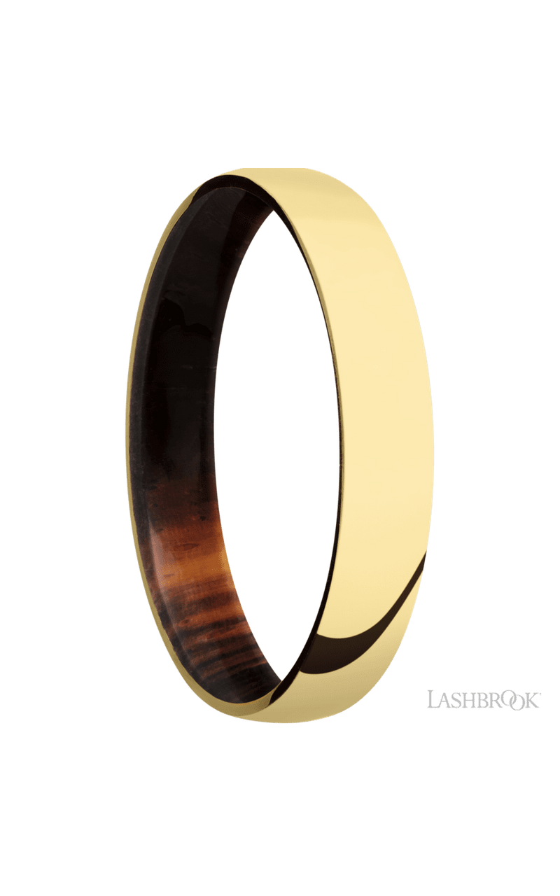 4 mm wide Domed 14K Yellow Gold band featuring a Cocobolo sleeve.