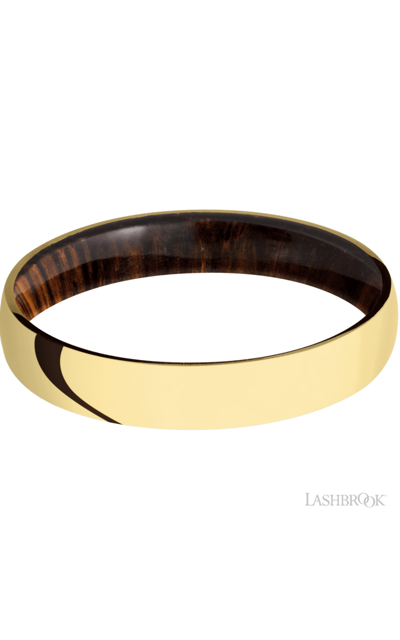 4 mm wide Domed 14K Yellow Gold band featuring a Cocobolo sleeve.