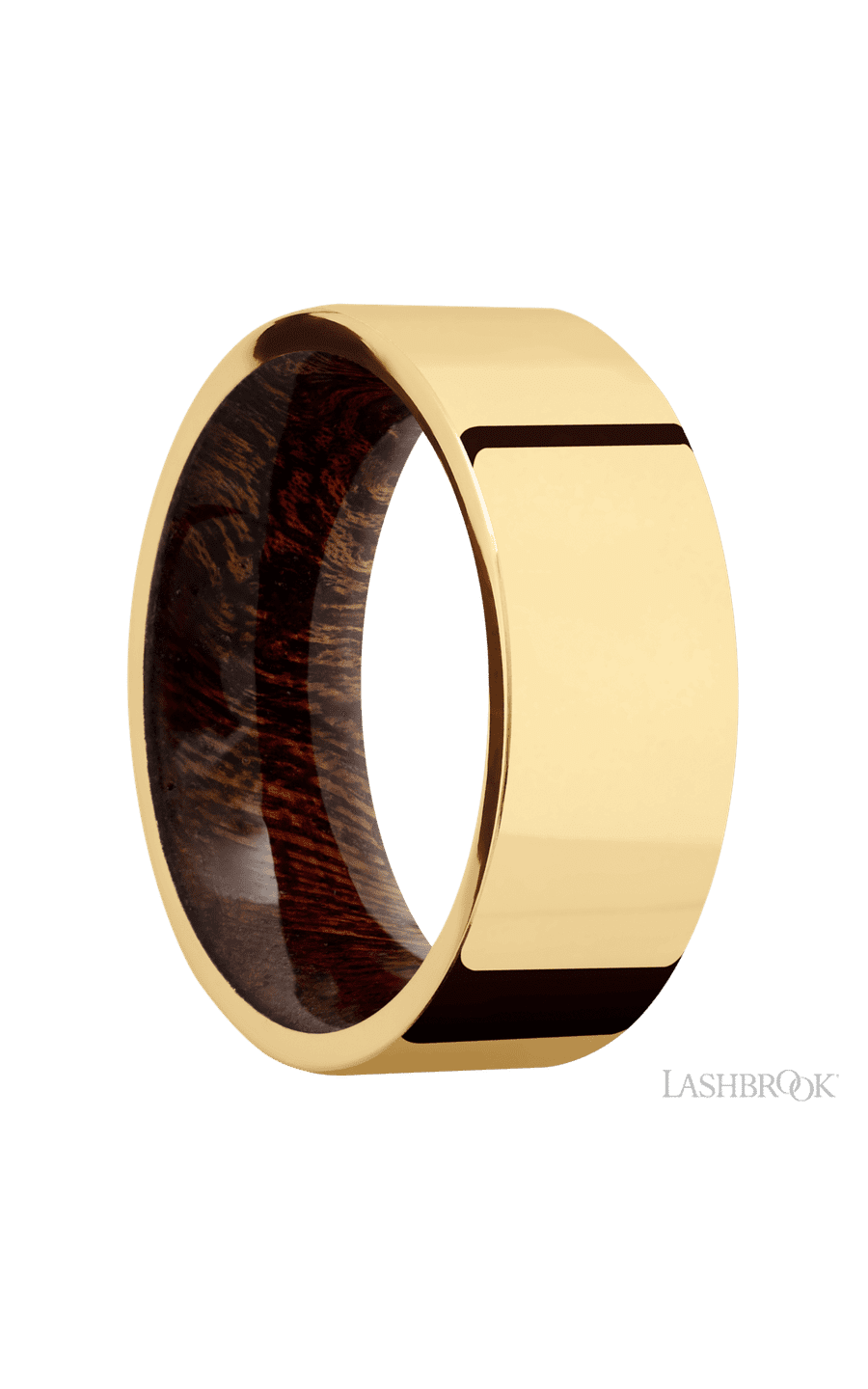 8 mm wide Flat 14K Yellow Gold band featuring a Sapele sleeve. - NAGI
