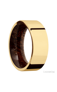 8 mm wide Flat 14K Yellow Gold band featuring a Sapele sleeve.