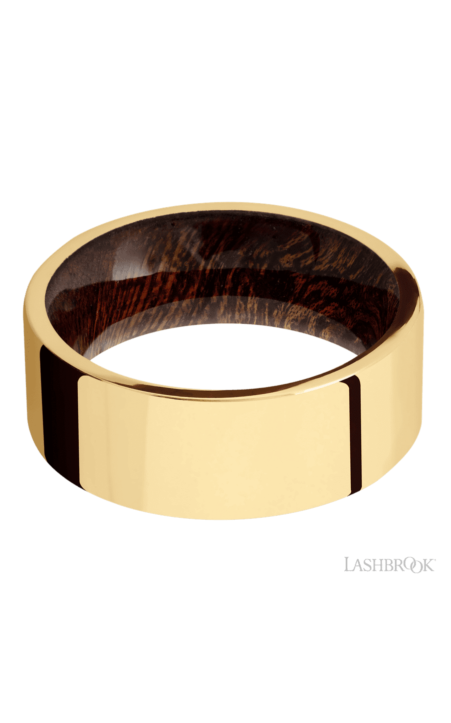 8 mm wide Flat 14K Yellow Gold band featuring a Sapele sleeve. - NAGI