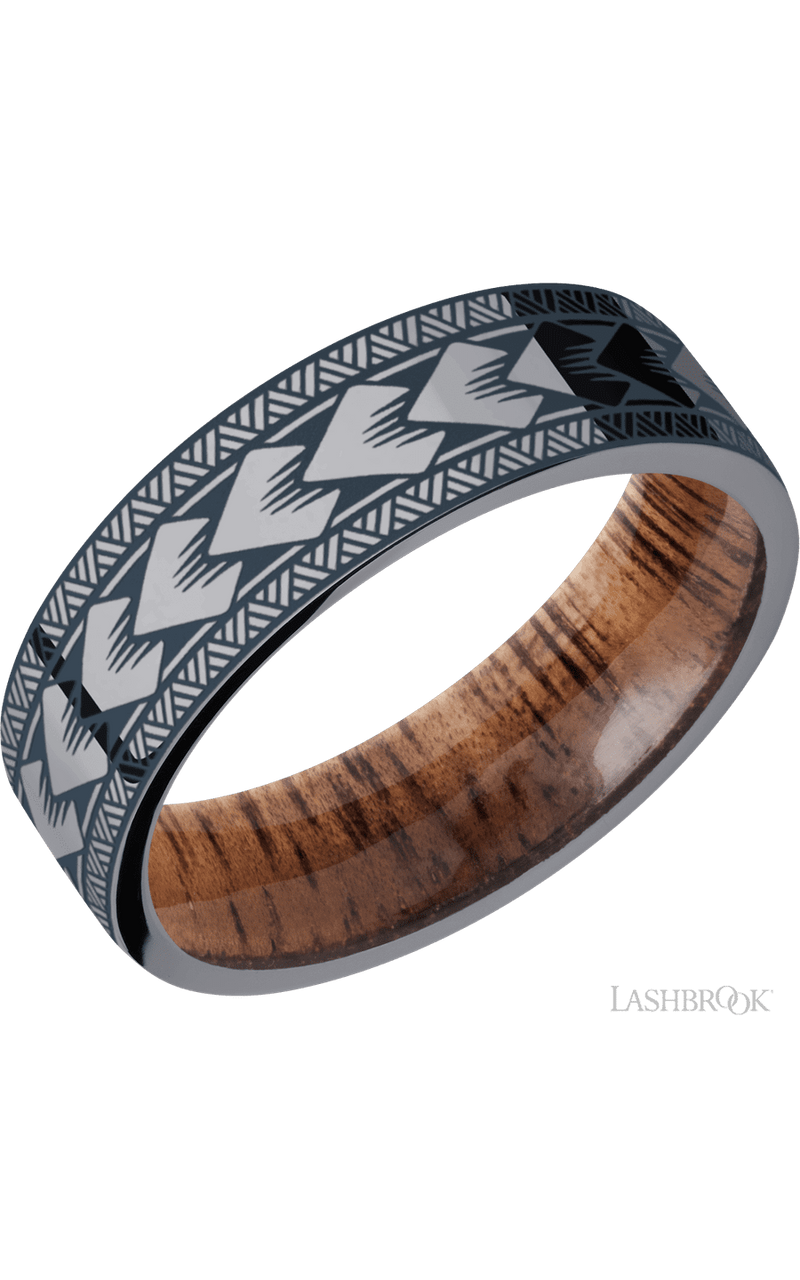 7 mm wide/Flat/Tantalum band with a laser carved Maori pattern also featuring a Koa sleeve. - NAGI