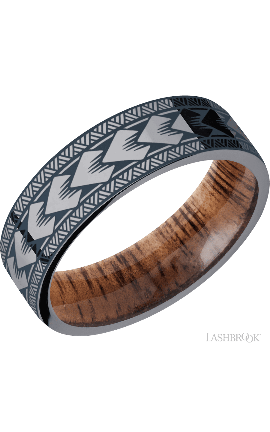 7 mm wide/Flat/Tantalum band with a laser carved Maori pattern also featuring a Koa sleeve. - NAGI