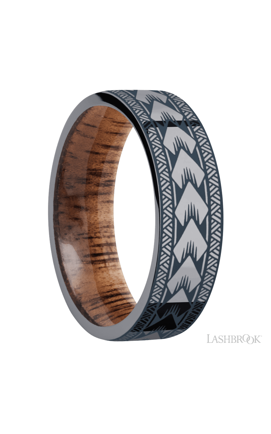 7 mm wide/Flat/Tantalum band with a laser carved Maori pattern also featuring a Koa sleeve. - NAGI