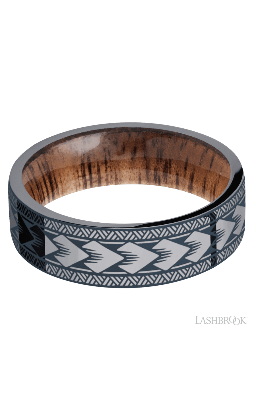 7 mm wide/Flat/Tantalum band with a laser carved Maori pattern also featuring a Koa sleeve. - NAGI