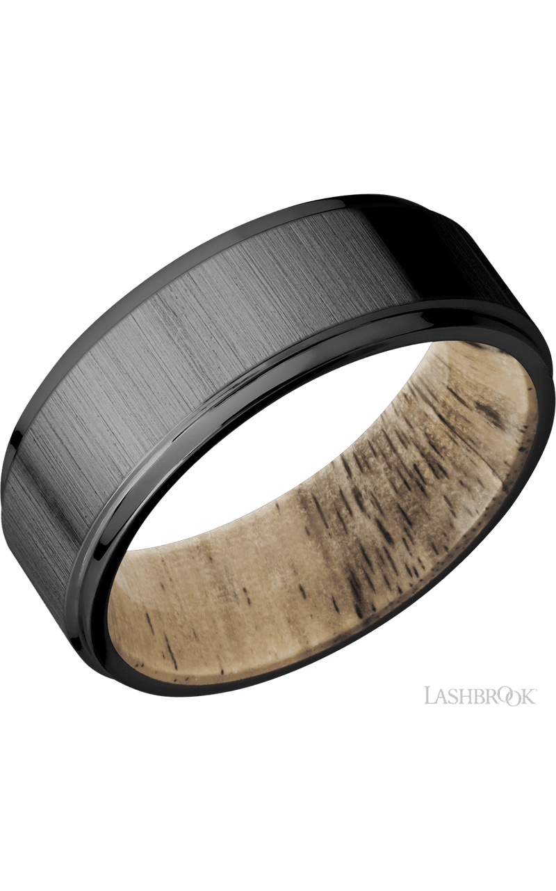 8 mm wide Flat Grooved Edges Zirconium band featuring a Spalted Tamarind sleeve. - NAGI