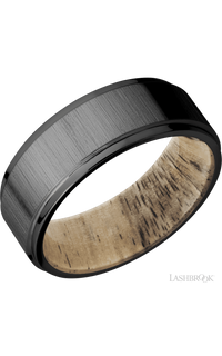8 mm wide Flat Grooved Edges Zirconium band featuring a Spalted Tamarind sleeve. - NAGI