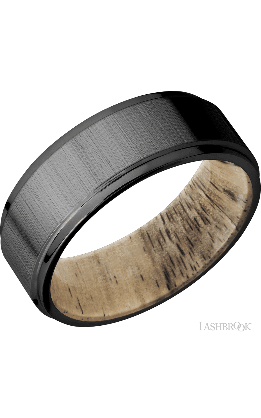 8 mm wide Flat Grooved Edges Zirconium band featuring a Spalted Tamarind sleeve. - NAGI