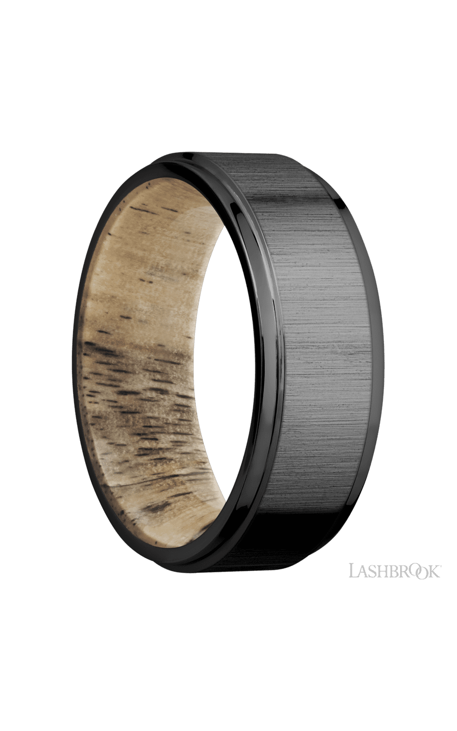 8 mm wide Flat Grooved Edges Zirconium band featuring a Spalted Tamarind sleeve. - NAGI