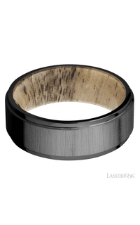8 mm wide Flat Grooved Edges Zirconium band featuring a Spalted Tamarind sleeve. - NAGI