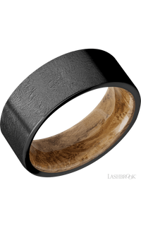 8 mm wide Flat Zirconium band featuring a Whiskey Barrel sleeve.