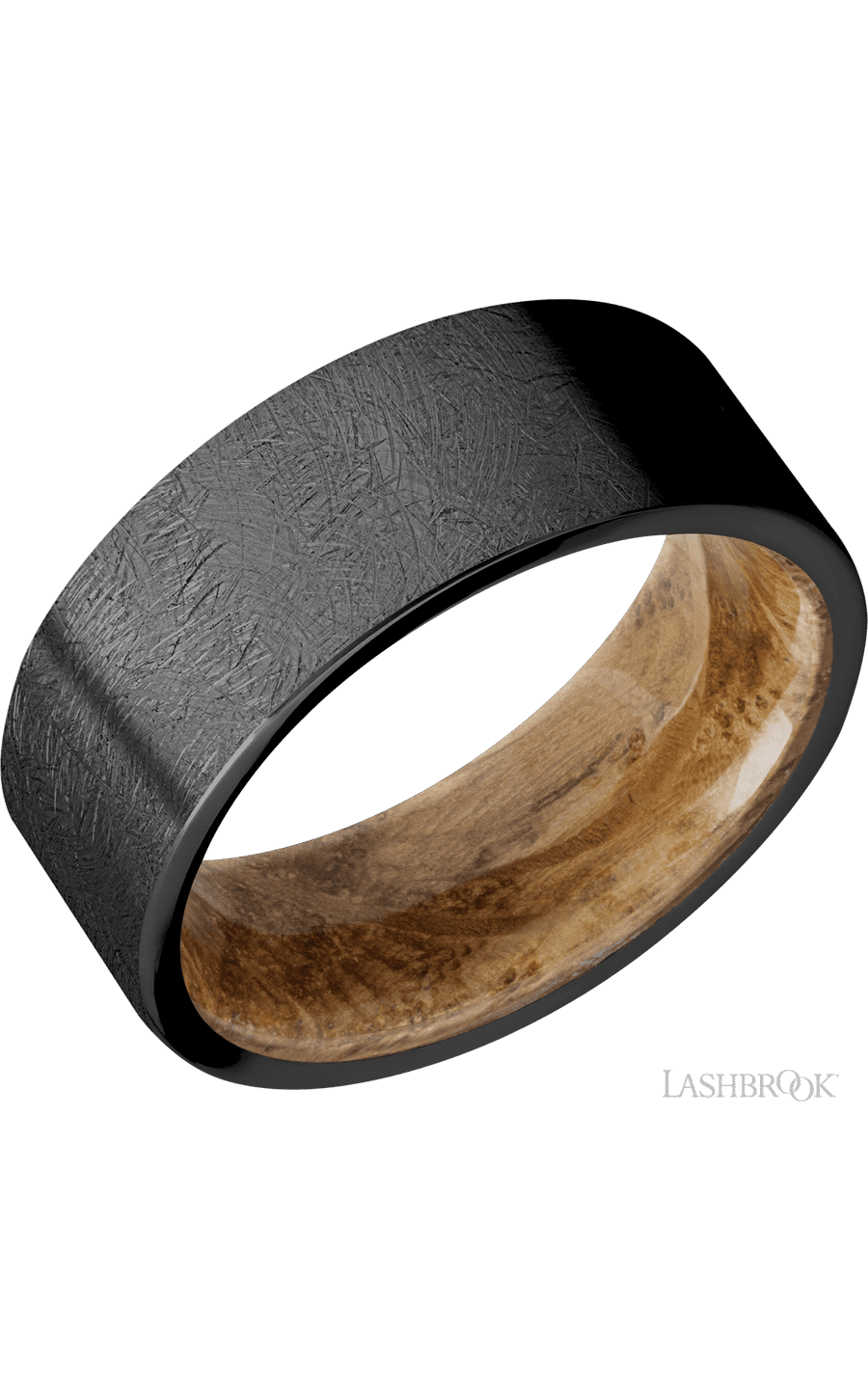 8 mm wide Flat Zirconium band featuring a Whiskey Barrel sleeve.