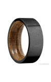 8 mm wide Flat Zirconium band featuring a Whiskey Barrel sleeve.