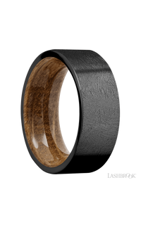8 mm wide Flat Zirconium band featuring a Whiskey Barrel sleeve.