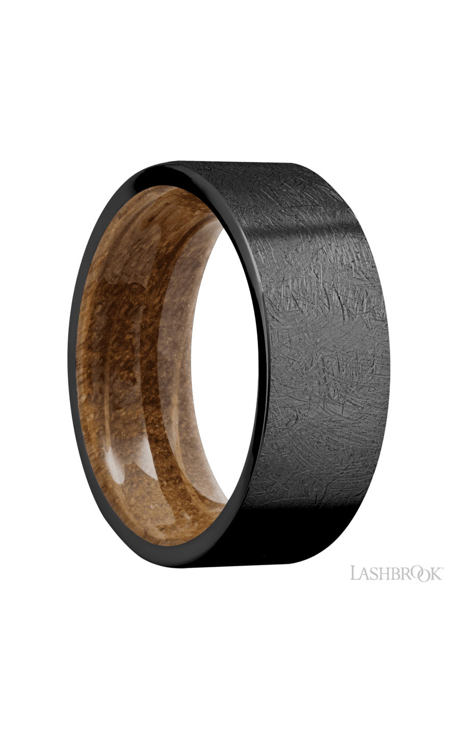8 mm wide Flat Zirconium band featuring a Whiskey Barrel sleeve.