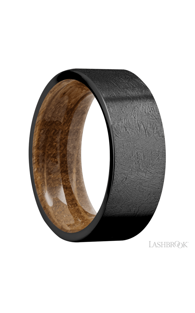 8 mm wide Flat Zirconium band featuring a Whiskey Barrel sleeve.
