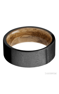 8 mm wide Flat Zirconium band featuring a Whiskey Barrel sleeve.