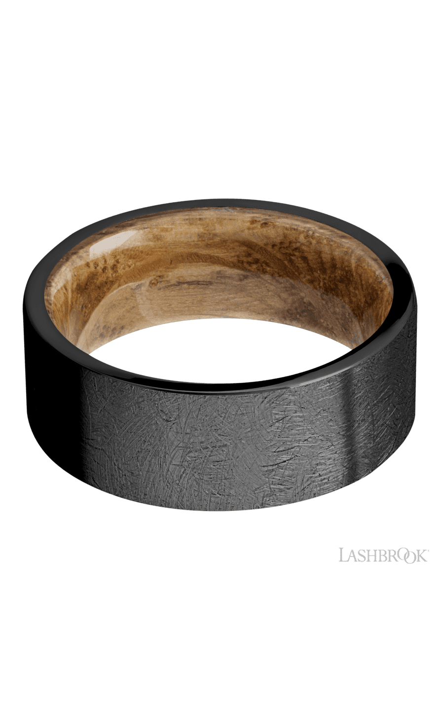 8 mm wide Flat Zirconium band featuring a Whiskey Barrel sleeve.