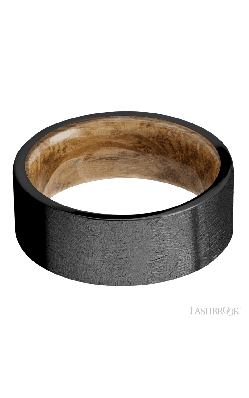 8 mm wide Flat Zirconium band featuring a Whiskey Barrel sleeve.