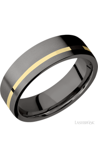 7 mm wide/Flat/Tantalum Noir band with one 1 mm Off Center inlay of 14K Yellow Gold.