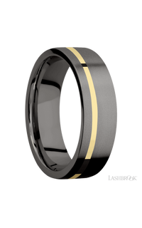 7 mm wide/Flat/Tantalum Noir band with one 1 mm Off Center inlay of 14K Yellow Gold.