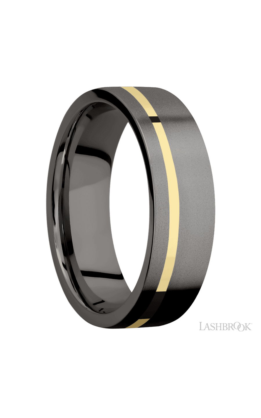 7 mm wide/Flat/Tantalum Noir band with one 1 mm Off Center inlay of 14K Yellow Gold. - NAGI