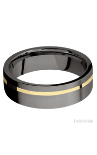 7 mm wide/Flat/Tantalum Noir band with one 1 mm Off Center inlay of 14K Yellow Gold.