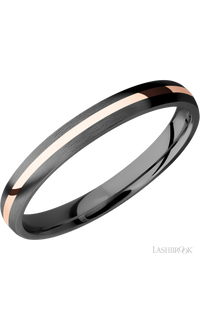 3 mm wide/Domed/Zirconium band with one 1 mm Centered inlay of 14K Rose Gold.