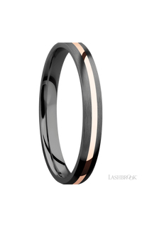 3 mm wide/Domed/Zirconium band with one 1 mm Centered inlay of 14K Rose Gold.