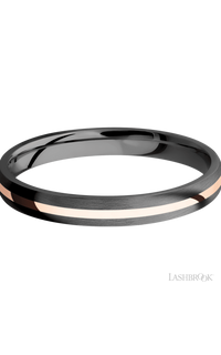 3 mm wide/Domed/Zirconium band with one 1 mm Centered inlay of 14K Rose Gold.