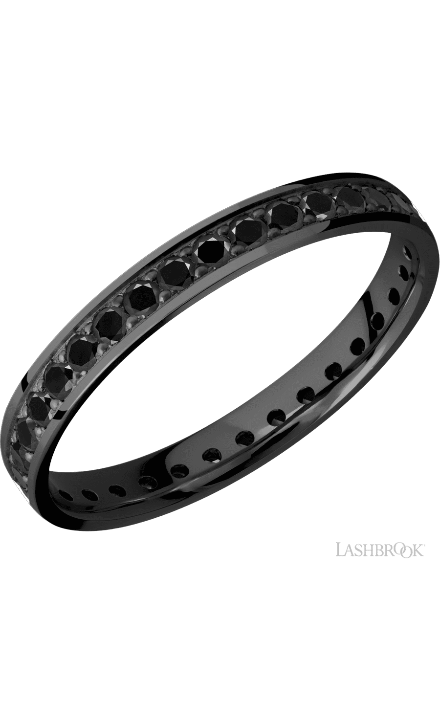 3 mm wide/Flat/Zirconium band with an Eternity arrangement of .03 carat Round Black Diamond stones in a Bead setting. - NAGI