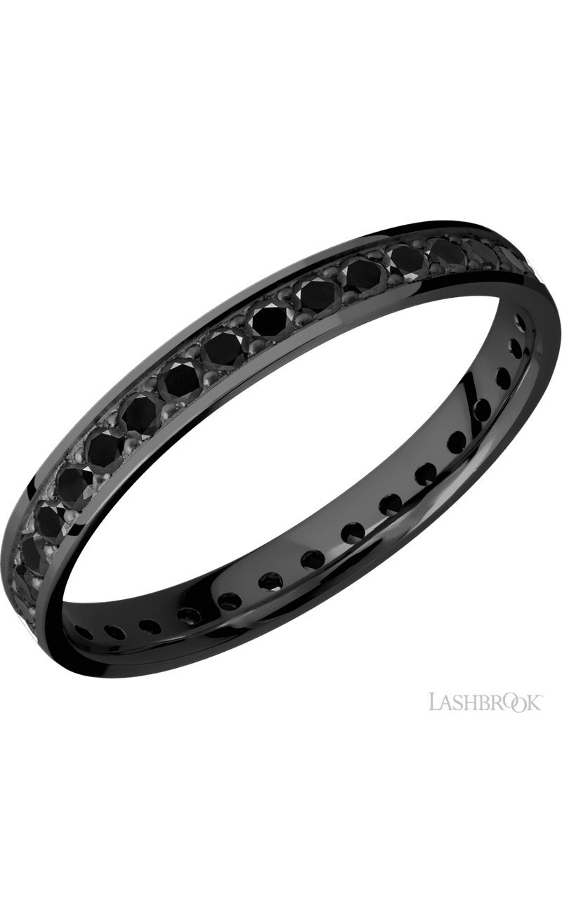 3 mm wide/Flat/Zirconium band with an Eternity arrangement of .03 carat Round Black Diamond stones in a Bead setting. - NAGI