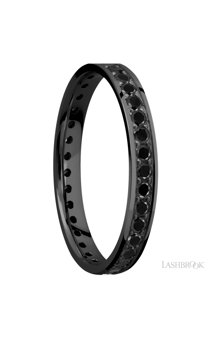 3 mm wide/Flat/Zirconium band with an Eternity arrangement of .03 carat Round Black Diamond stones in a Bead setting. - NAGI