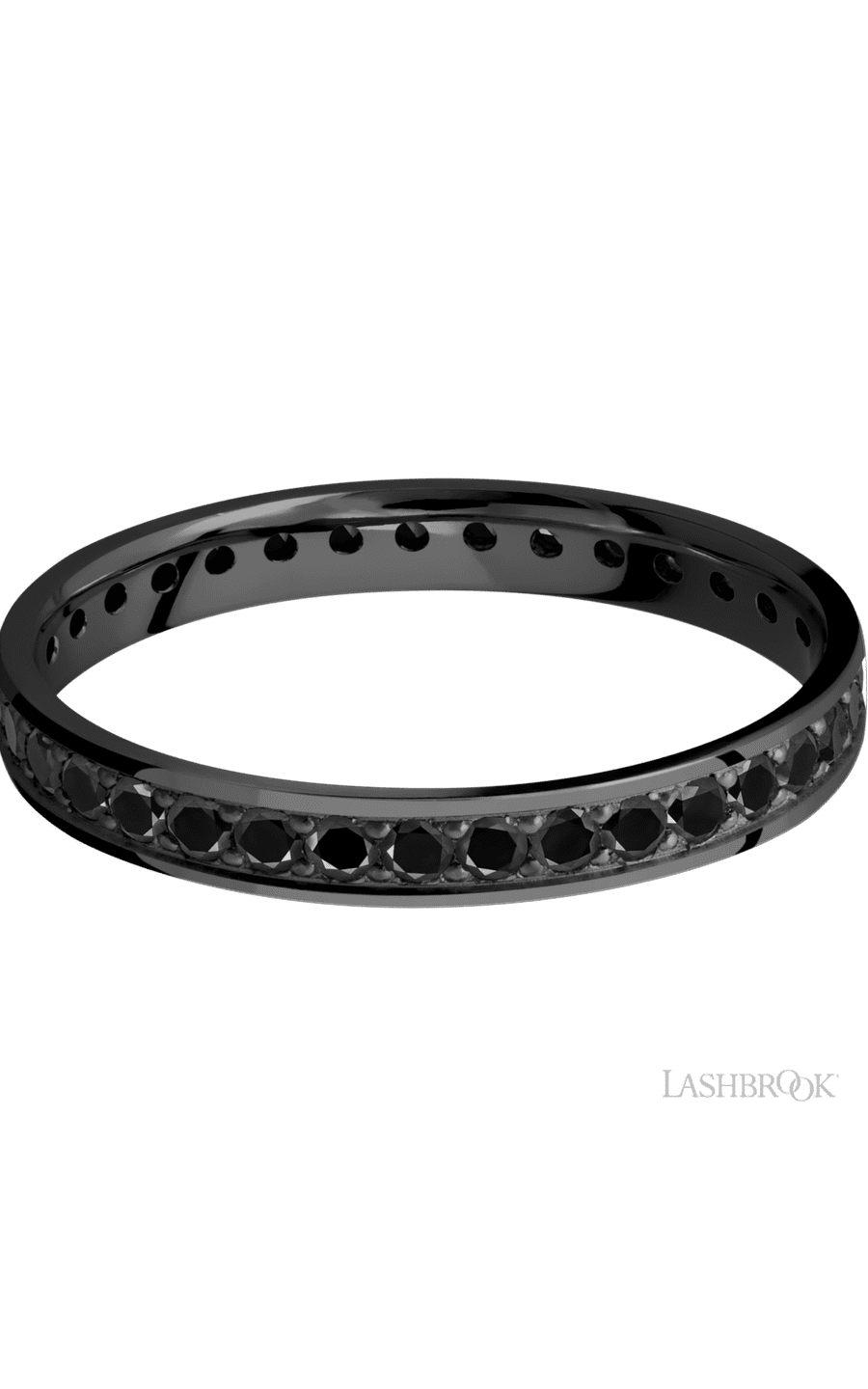 3 mm wide/Flat/Zirconium band with an Eternity arrangement of .03 carat Round Black Diamond stones in a Bead setting. - NAGI