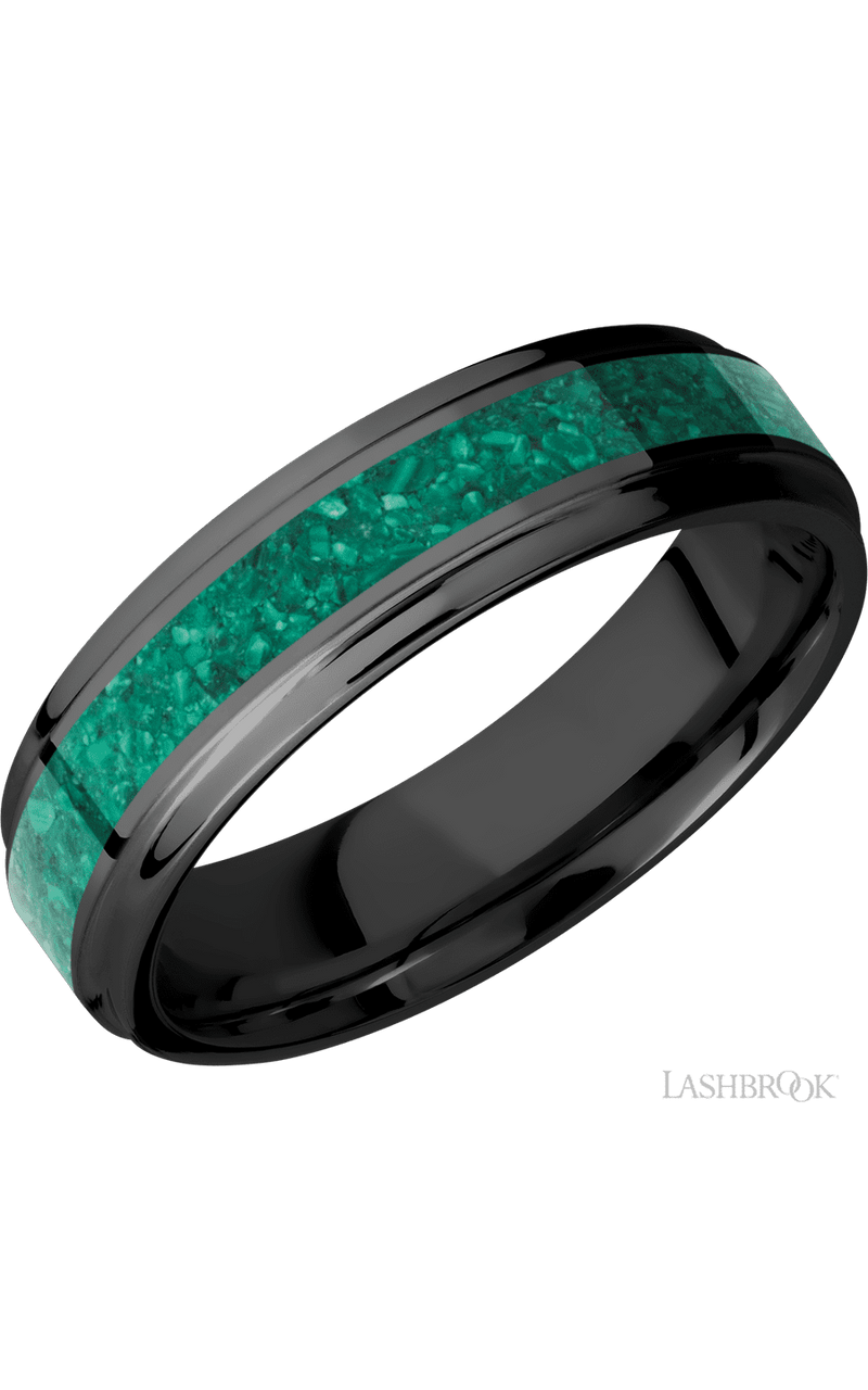 6 mm wide/Flat Grooved Edges/Zirconium band with one 3 mm Centered inlay of Malachite. - NAGI