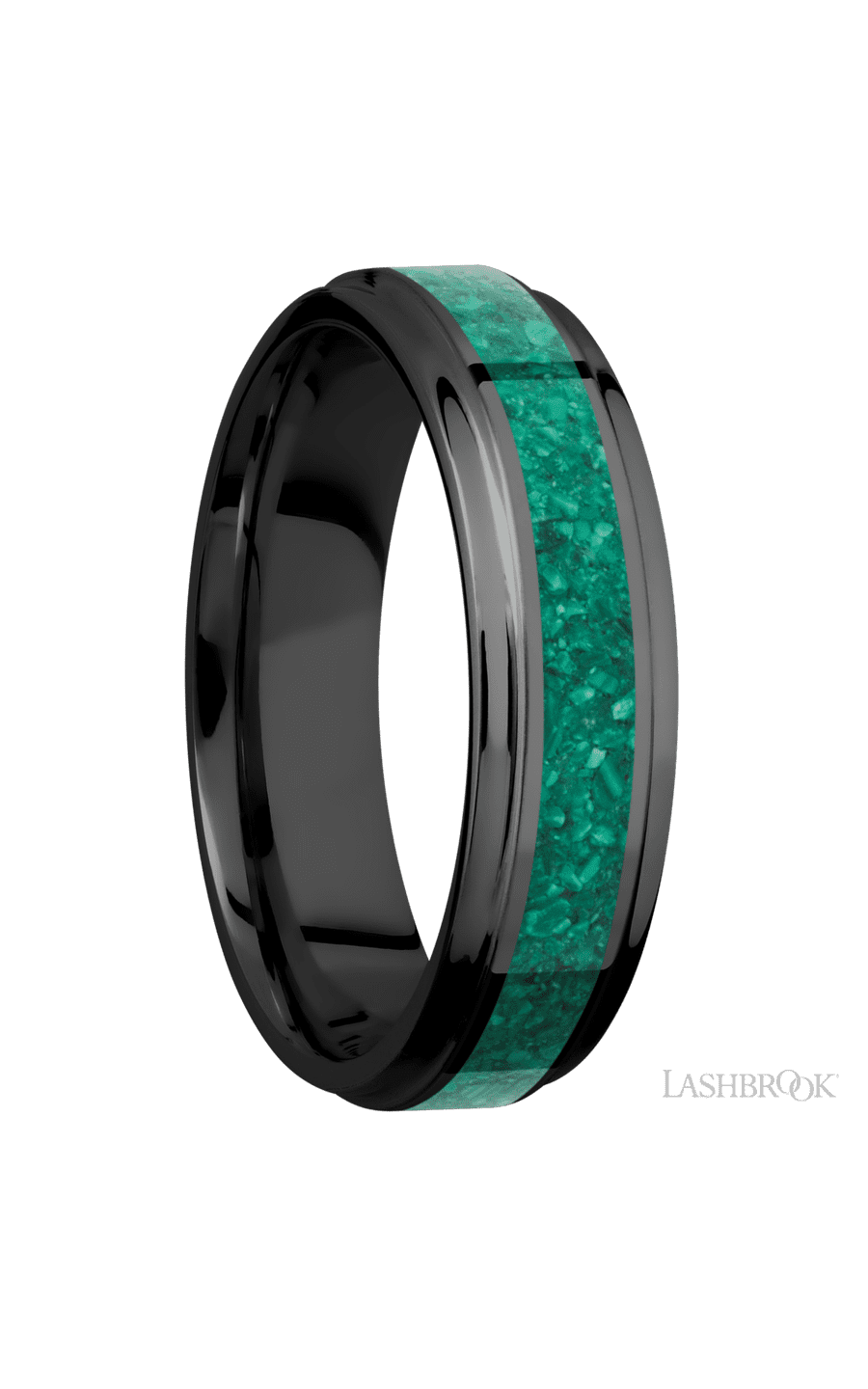 6 mm wide/Flat Grooved Edges/Zirconium band with one 3 mm Centered inlay of Malachite. - NAGI